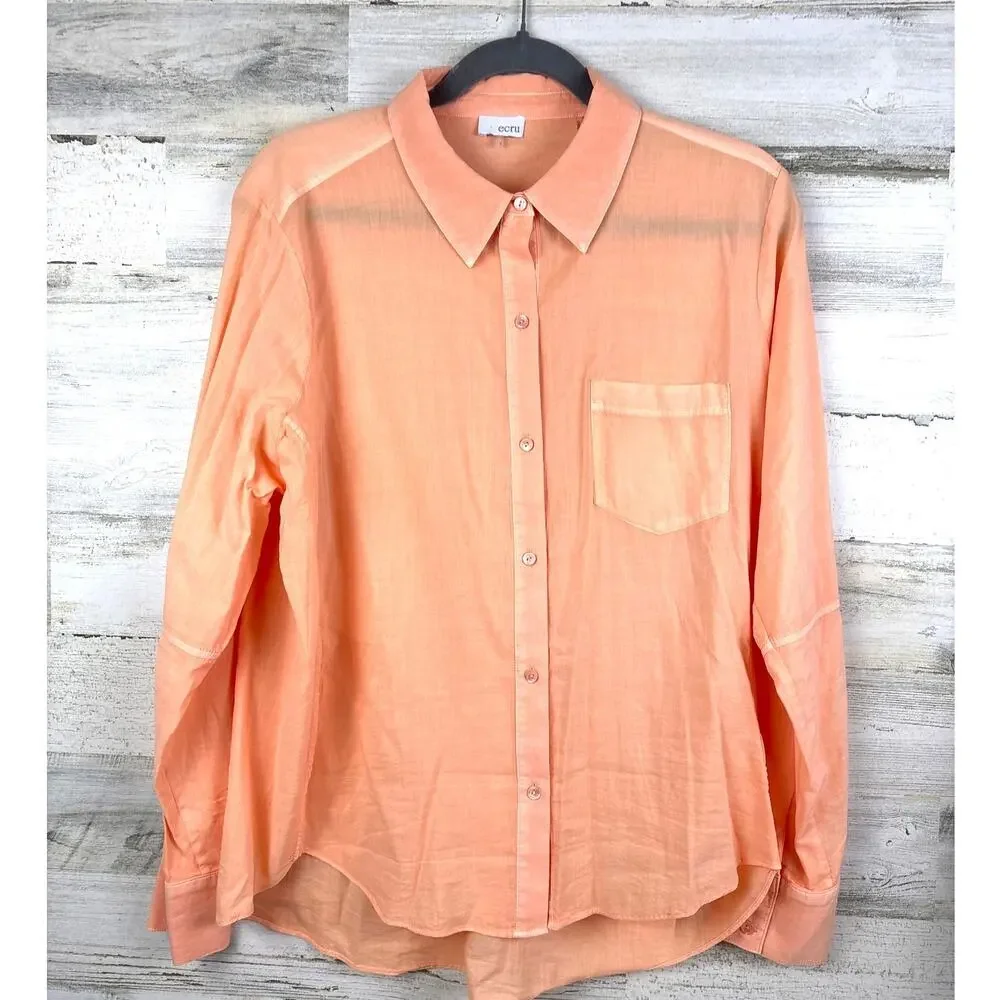 Ecru Womens L Peach Two-Tone Lightweight Cotton Long-Sleeve Button-Up Blouse